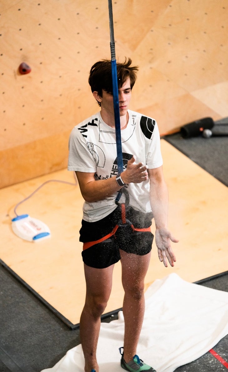 Sam Watson preparing to speed climb