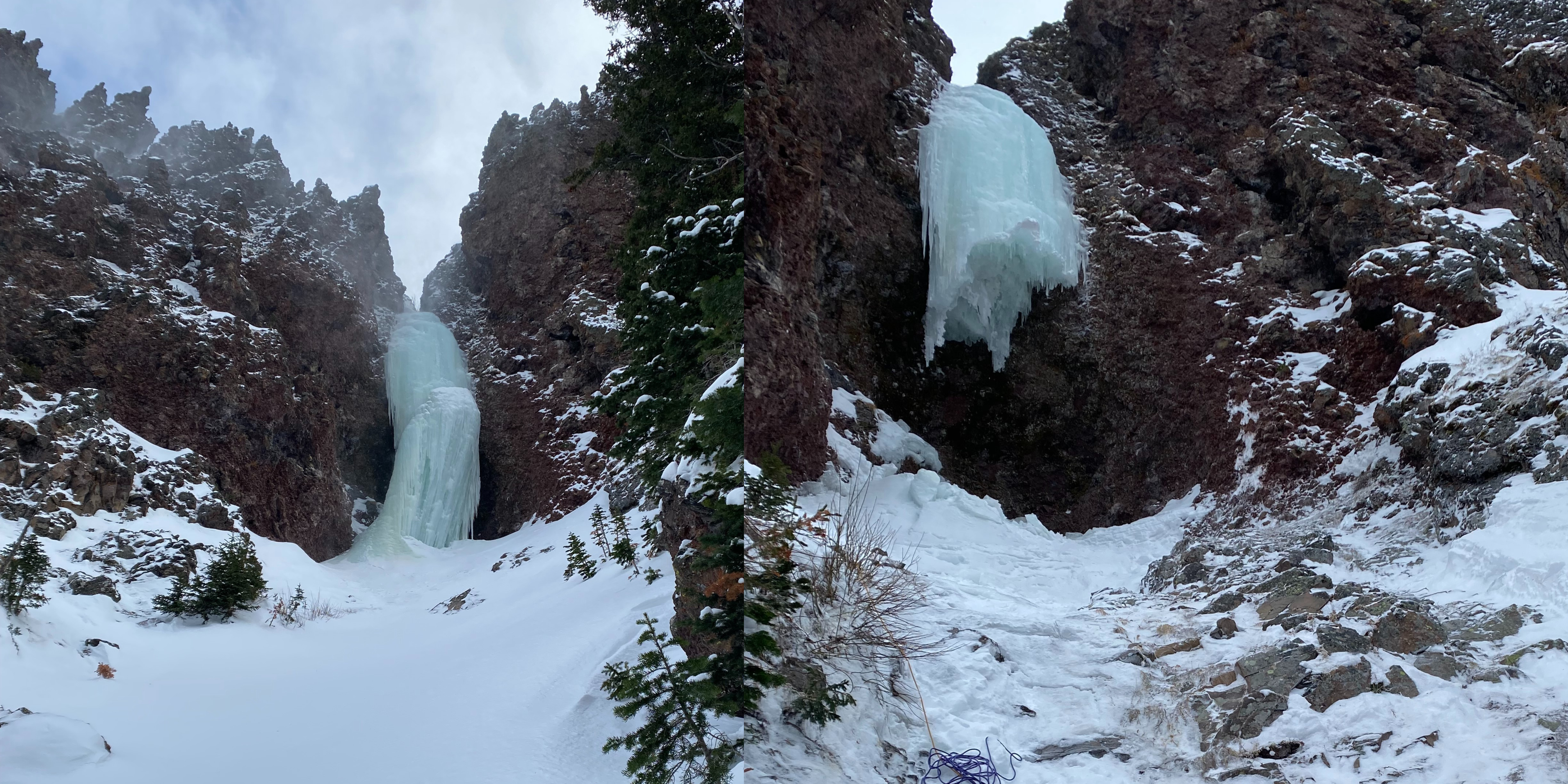 The ice climb 'Code Red' on the approach and after Smith's fall.