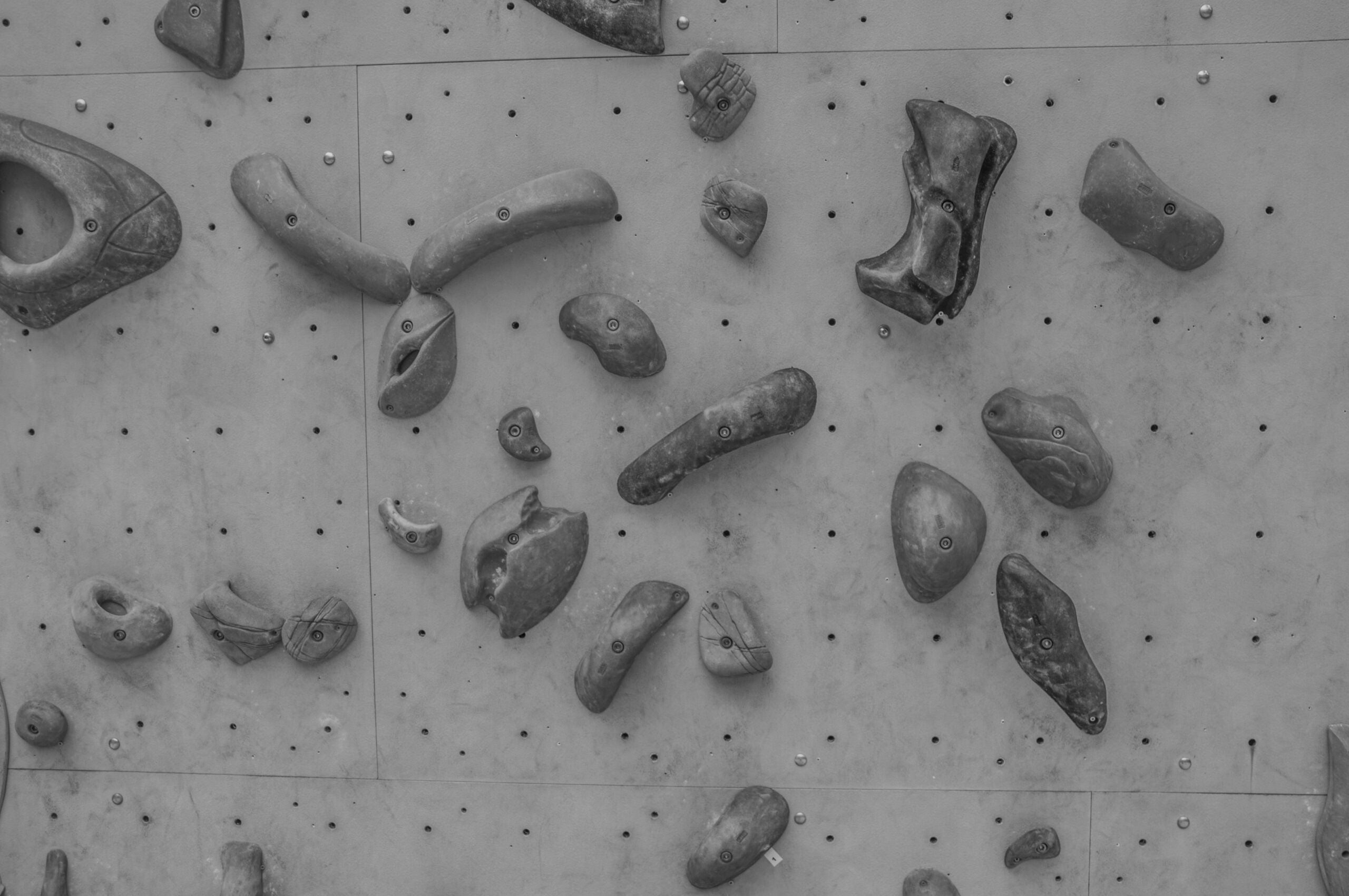 black and white photo of old climbing holds