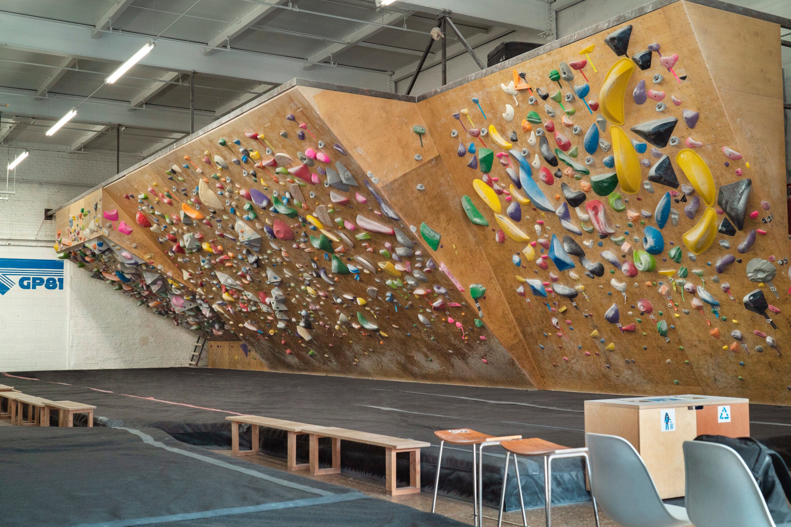 An image of three empty climbing walls in GP81's old location.