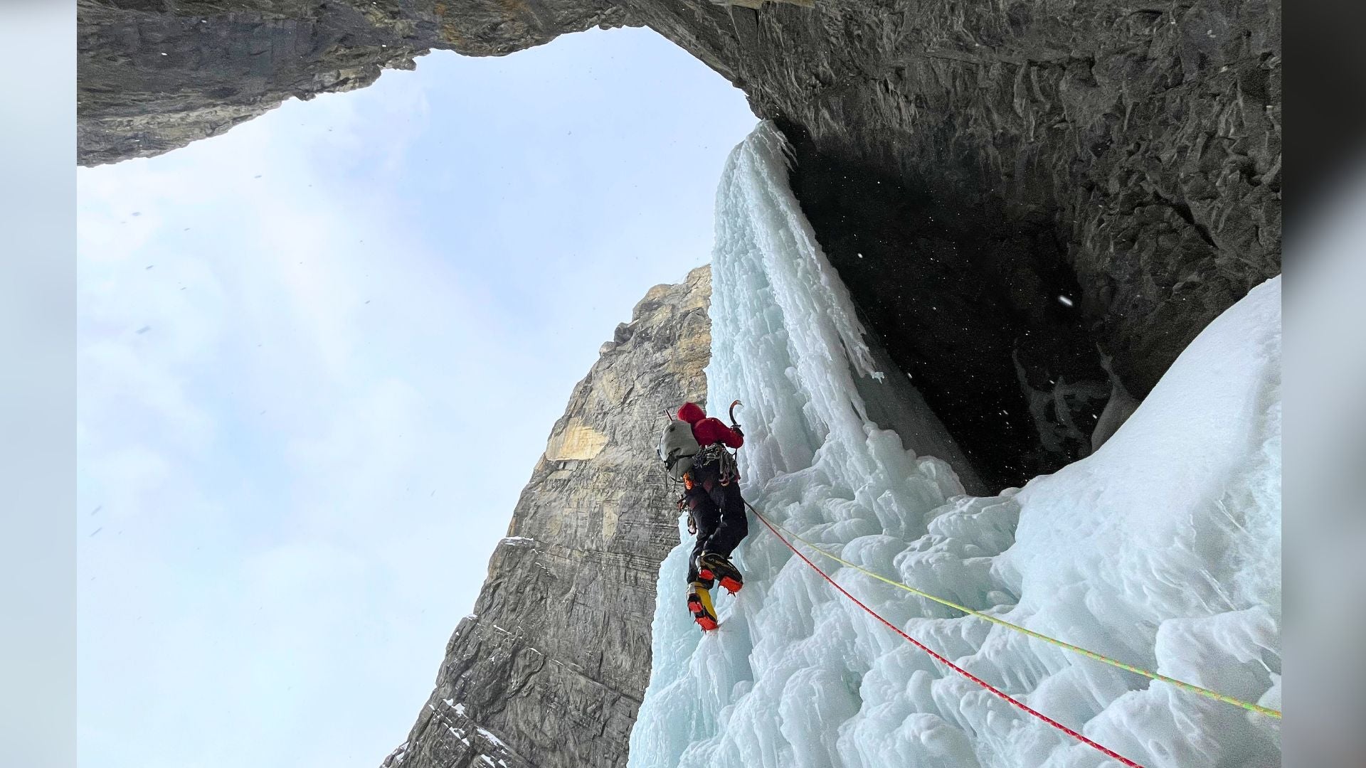 Emilie Grenier climbs the crux pitch of 'Polar Circus' (WI 5; 700m), Canadian Rockies, wearing the new La Sportiva G-Summit boot.