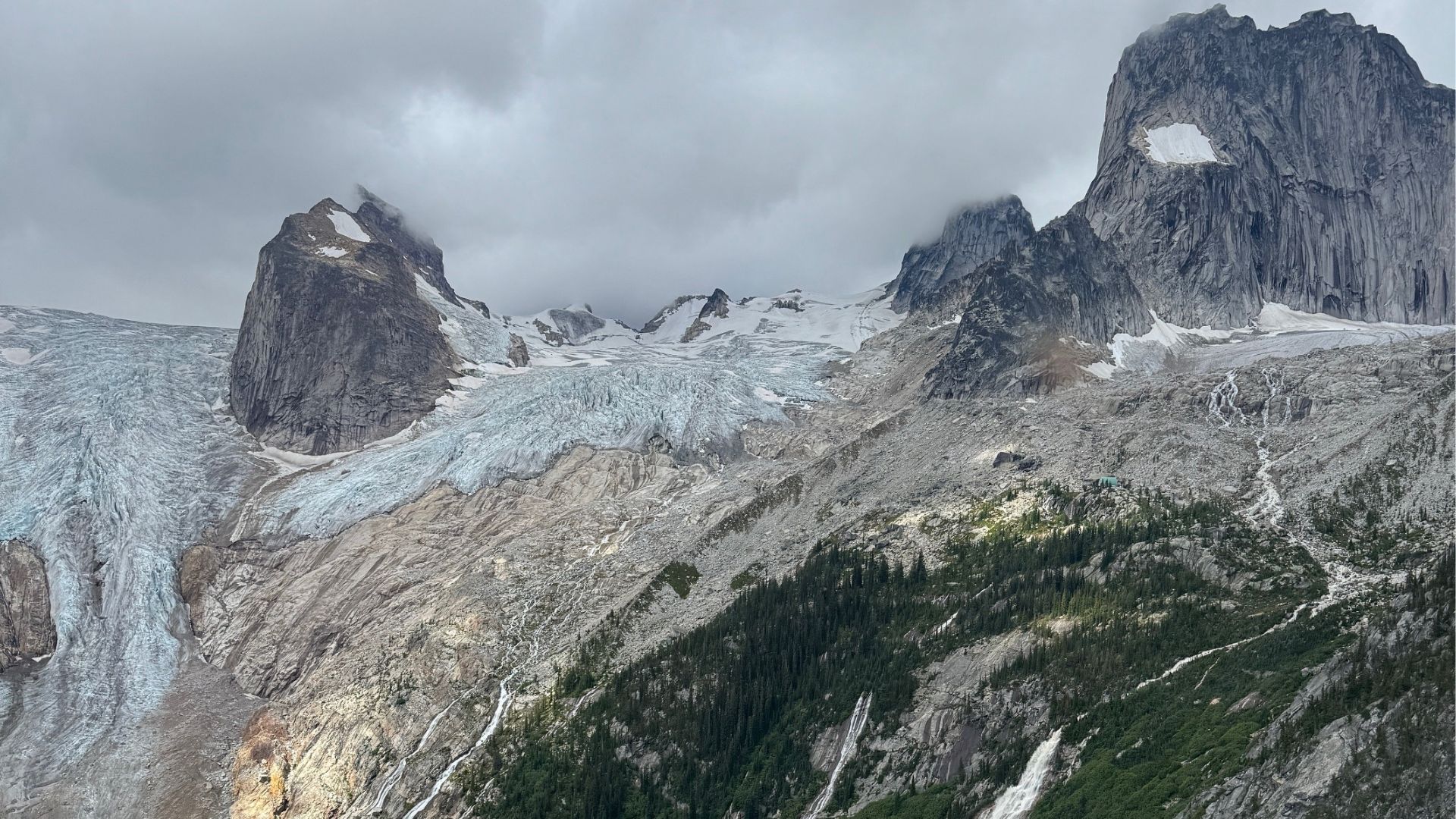 An aerial view of the Bugaboos after 60 climbers were rescued from the area due to flooding.