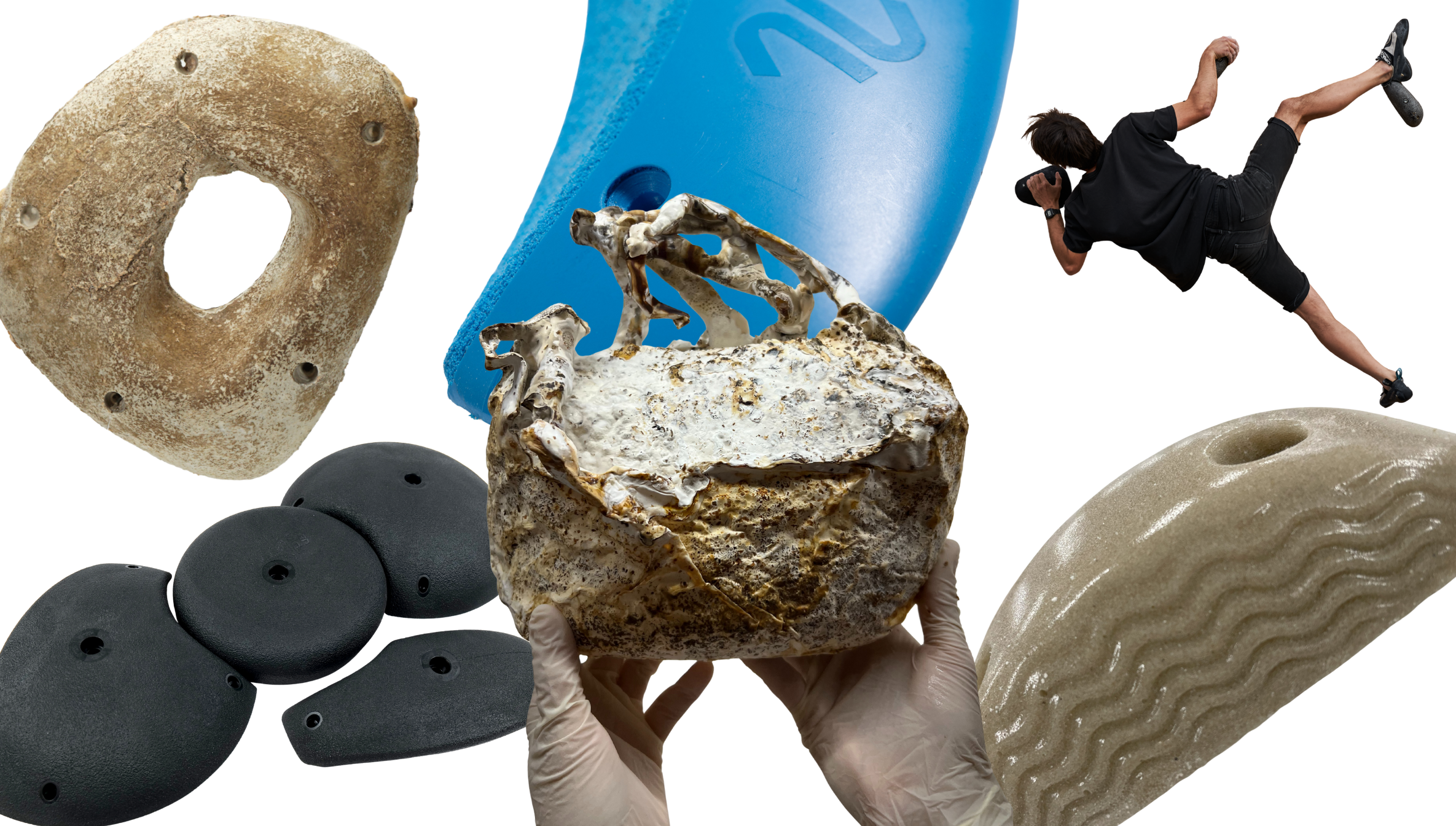 sustainable climbing holds in a collage