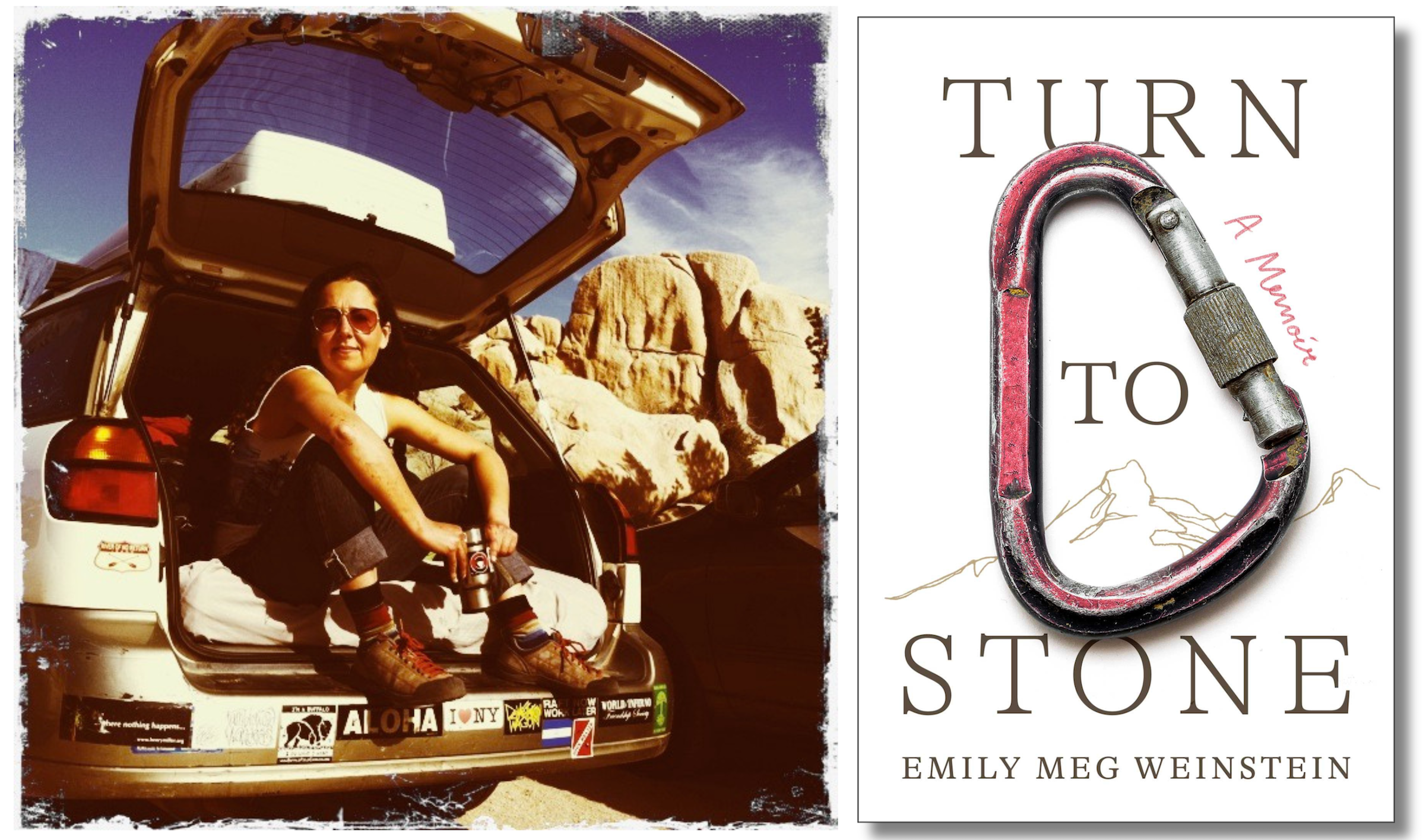 a climber sitting in her subaru and the cover of Turn to Stone a book about sex and climbing