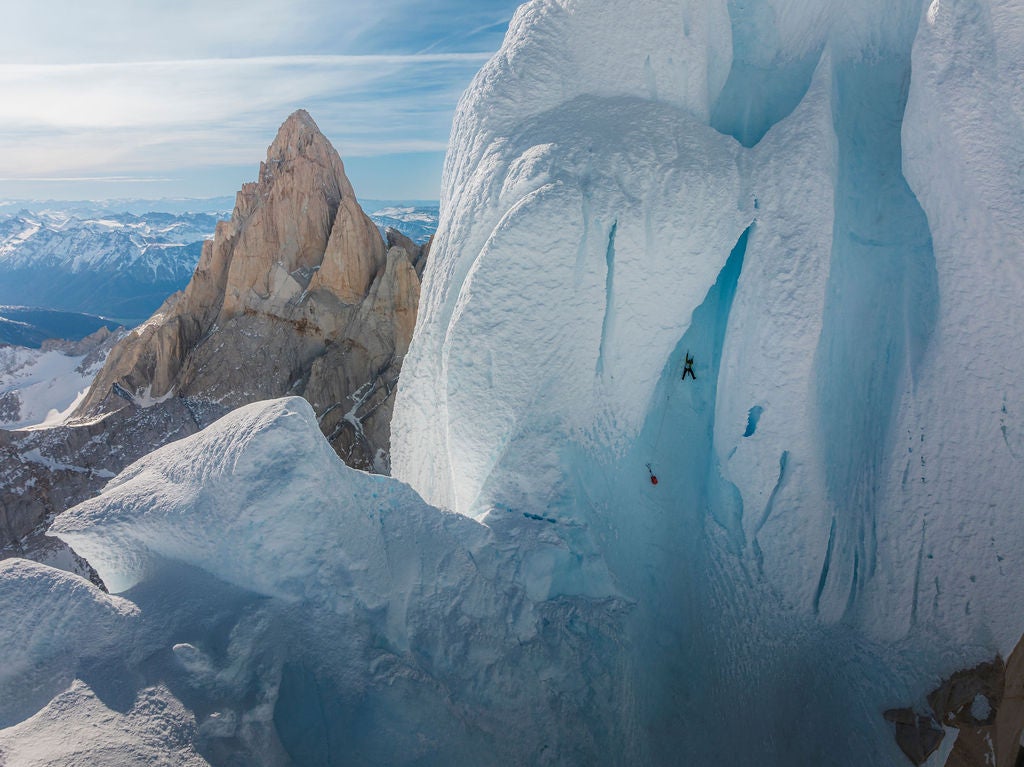 Colin Haley climbs into a rime-ice tube high on Cerro Torre's 'Ragni Route' during the first solo winter ascent.