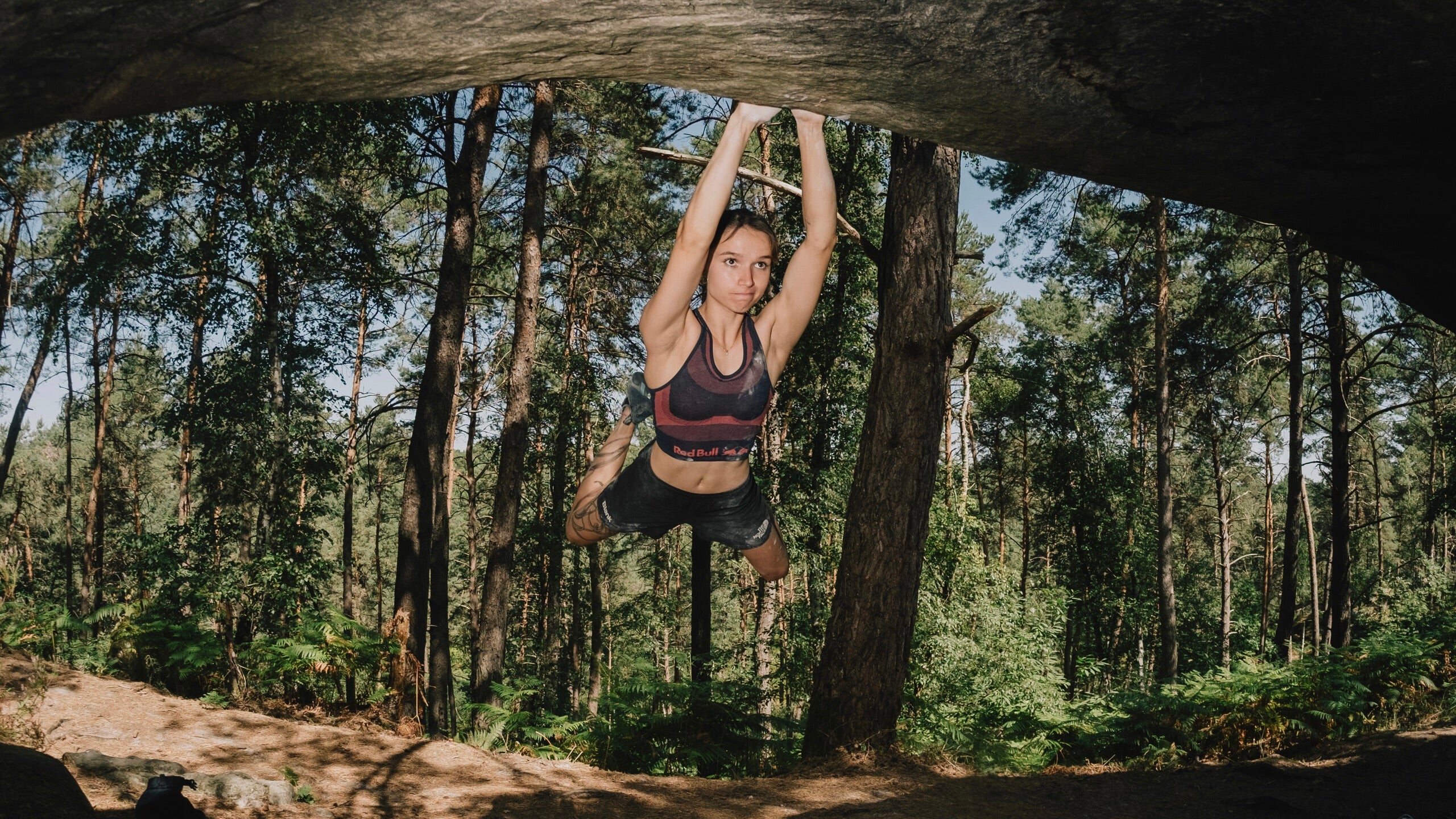 Oriane Bertone climbing in Fontainebleau
