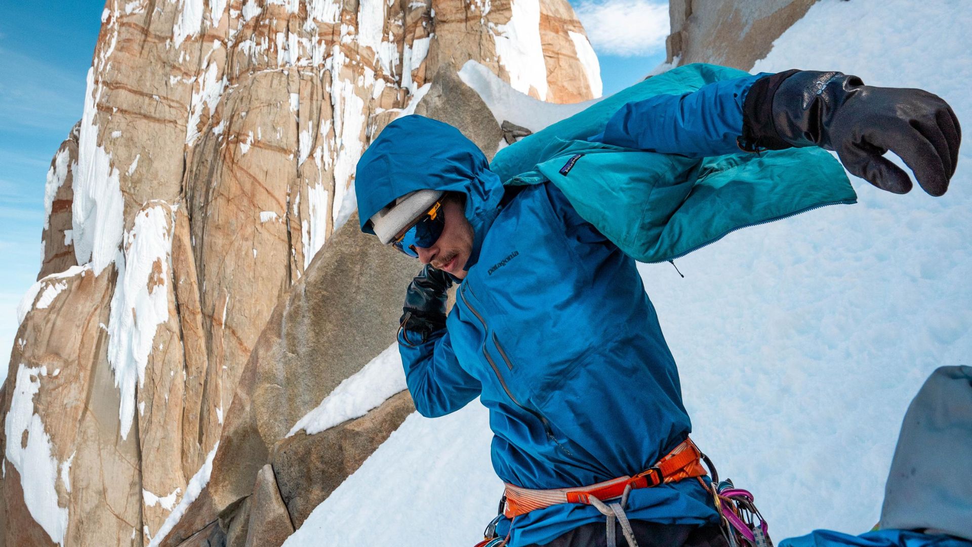 Climber wears the best glove for climbing: the Showa Temres, in Patagonia.