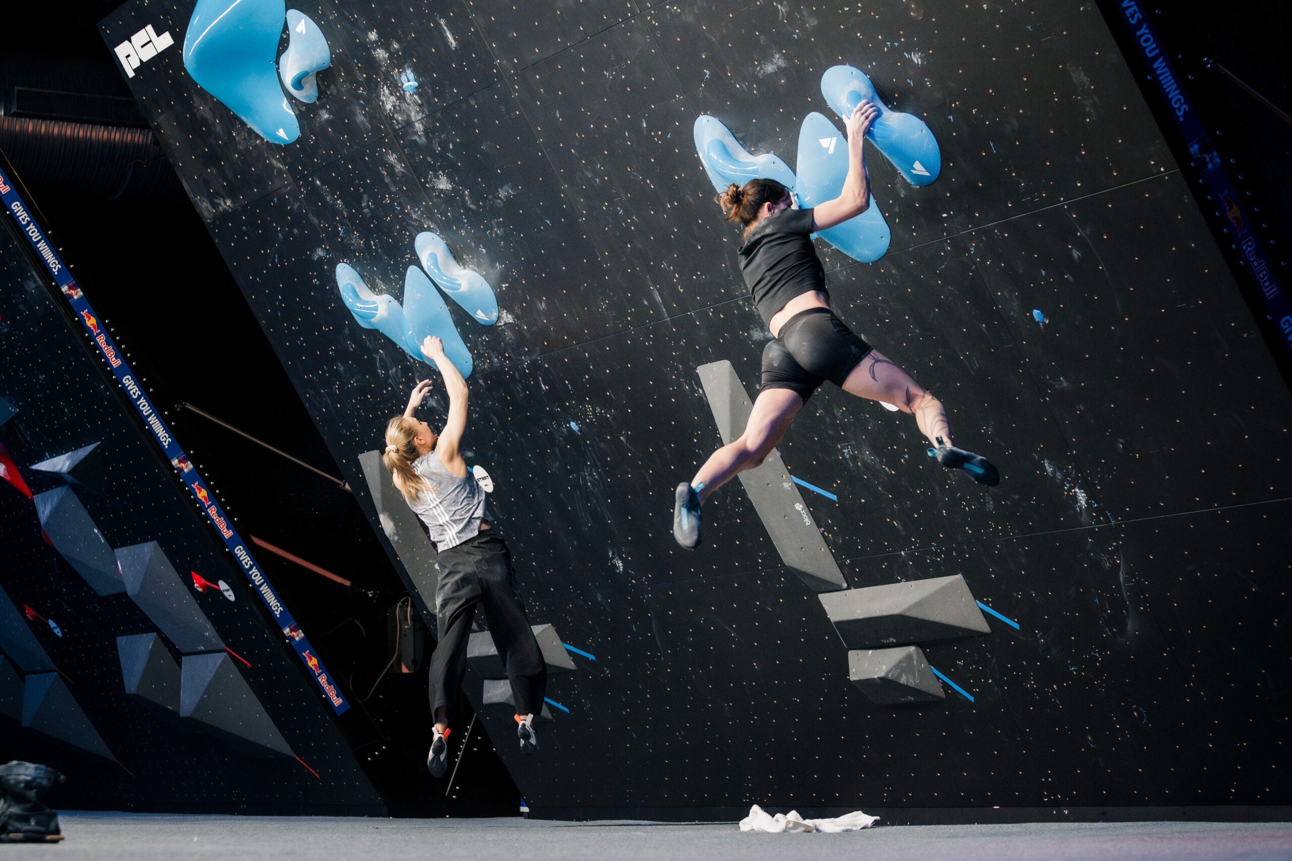 Oriane Bertone of France sticks a double dyno to beat Janja Garnbret of Slovenia in the final round of the first Pro Climbing League competition.